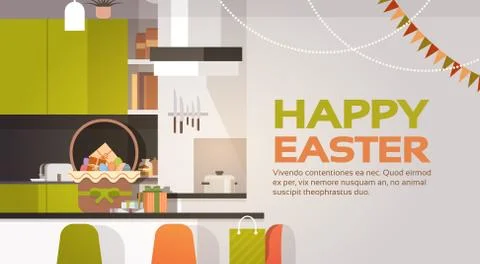 Kitchen Interior Easter Basket Decorated Colorful Eggs Holiday Symbols Greeting Illustrazione stock