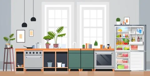 Kitchen interior empty nobody apartment with open fridge full of fresh food home Illustrazione stock