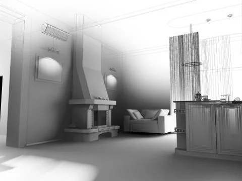 Kitchen interior with a fireplace Stock Illustration