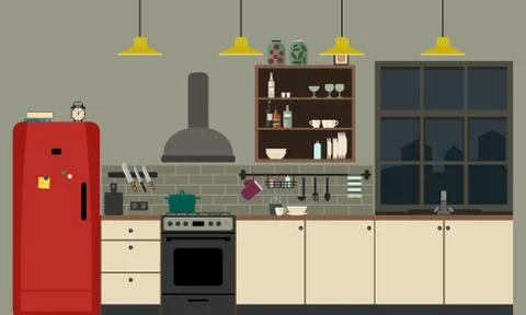 Kitchen interior in flat style. Stock Illustration