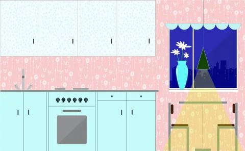 Kitchen interior. Flat style vector illustration. Stock Illustration