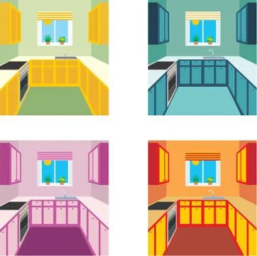 Kitchen interior in four color variants. kitchen furniture Stock Illustration