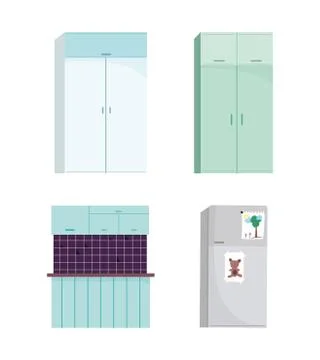 Kitchen interior fridge tile wall furniture cabinet icons design Stock Illustration