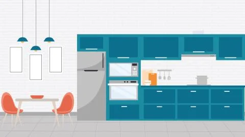 Kitchen interior with furniture, flat vector illustration. Stock Illustration