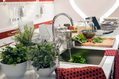 Kitchen interior with green and red colors Stock Photos