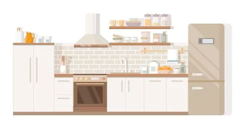 Kitchen interior home furniture table, stove and fridge Stock Illustration