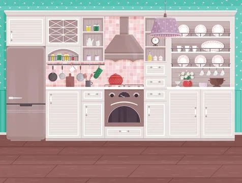 Kitchen interior. Homely decor in kitchen turns it into delightful space for Stock Illustration