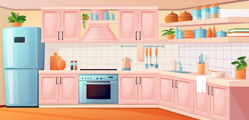 Kitchen interior. Inside cartoon house room with cooker stove and kitchenware Stock Illustration