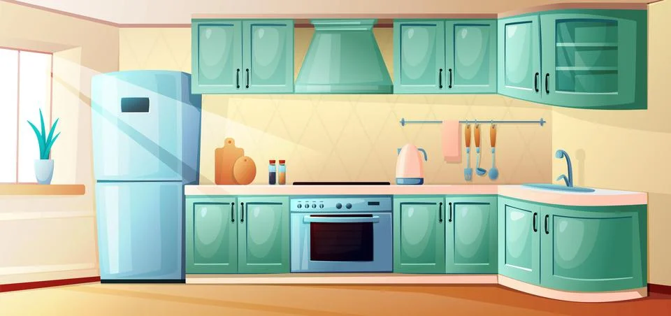 Kitchen interior. Inside cartoon room. House with windows and dining table Illustrazione stock