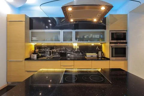 Kitchen interior with island table Fotos Stock