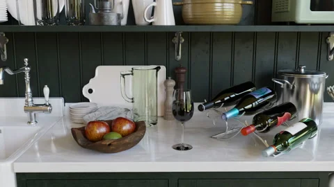 Kitchen interior - kitchen accessories on the kitchen table. 3D Render Video stock 159531474