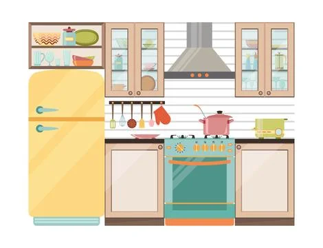 Kitchen interior. Kitchen appliances and utensils Stock Illustration
