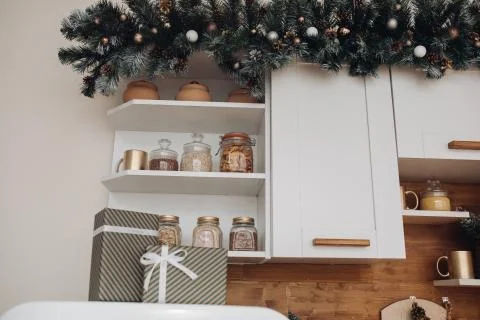 Kitchen interior with kitchen stuff. Close-up of kitchen table Photos