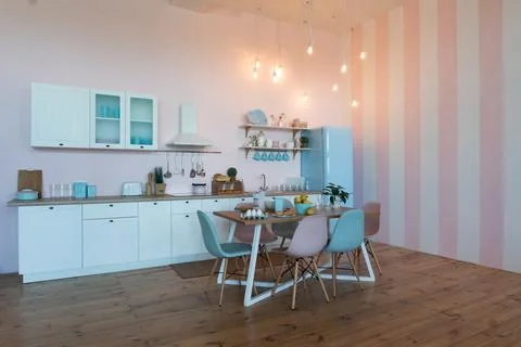 Kitchen interior with large dining table 写真素材