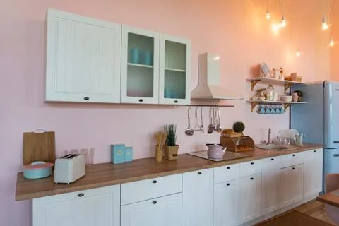 Kitchen interior with large dining table 스톡 사진