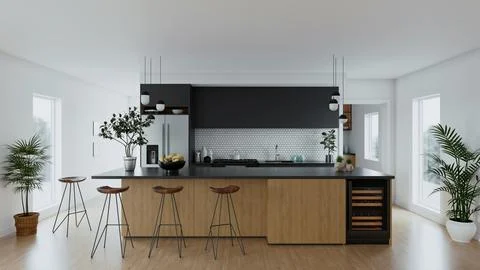 Kitchen interior with large refrigerator and plants. 3d visualization. 스톡 일러스트