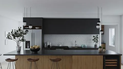 Kitchen interior with large refrigerator and plants. 3d visualization. Stock-Illustration