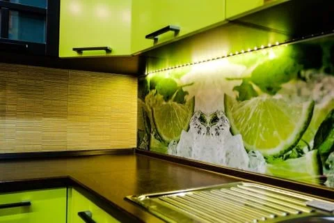 Kitchen interior in light green tones Stock Photos