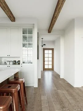 Kitchen interior with a long corridor and a door. Illustrazione stock
