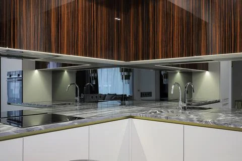 Kitchen interior with marble countertop Stock Photos