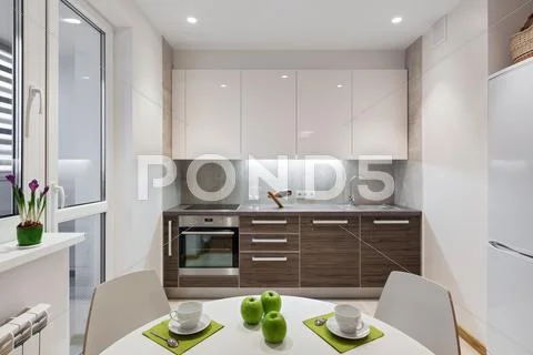 Kitchen interior in modern apartment in scandinavian style Stock Photos