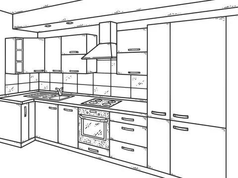 Kitchen interior. Sketch scratch board imitation. Black and white. Stock Illustration