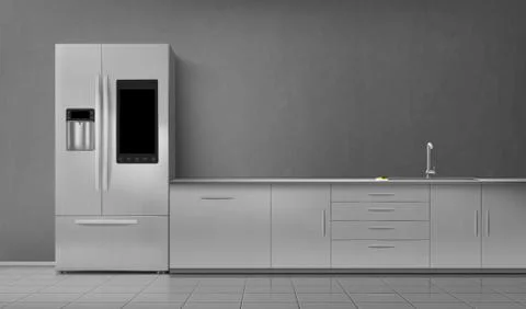 Kitchen interior smart fridge and sink on tabletop 스톡 일러스트