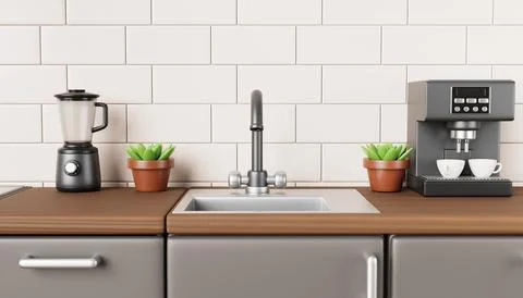 Kitchen interior with stainless sink and faucet on countertop front view Stock Illustration