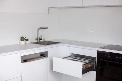 Kitchen interior with storage system. Stock Photos