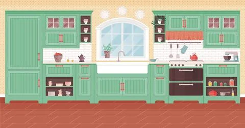 Kitchen interior. Stylish kitchenware and decoration enhance culinary experience Stock Illustration