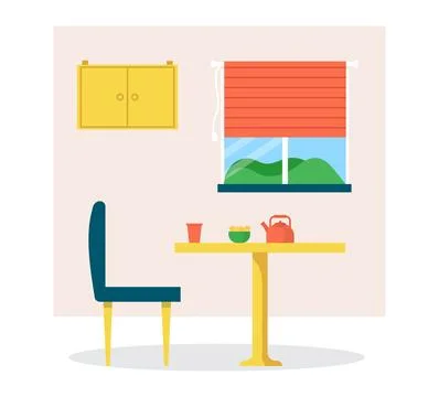 Kitchen interior with table, chair, and window with mountain view. Breakfast Stock Illustration