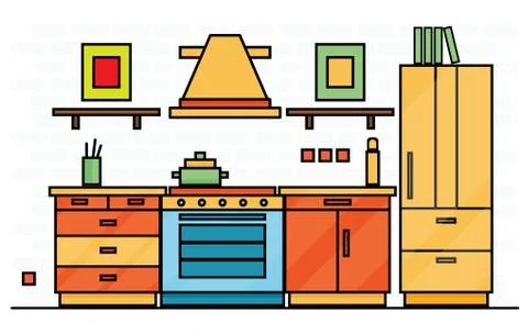 Kitchen Interior with Table, Stove and Fridge. Illustrazione stock