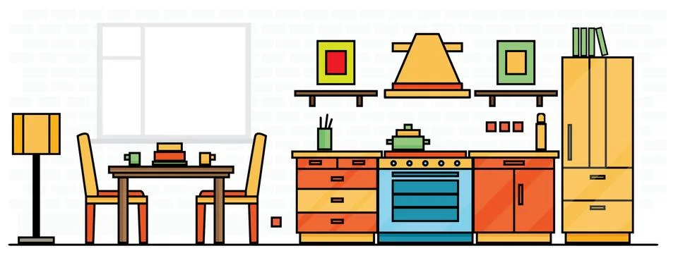 Kitchen Interior with Table, Stove and Fridge. Illustrazione stock