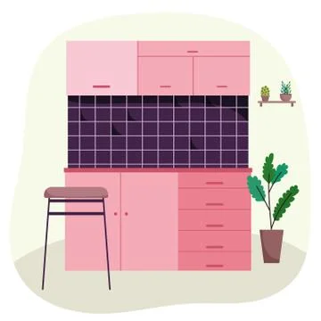 Kitchen interior tiled wall chair cupboard potted plants design Stock Illustration