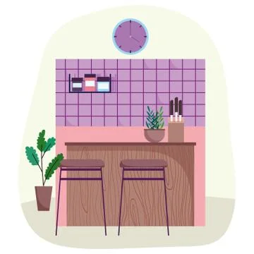 Kitchen interior tiled wall knives condiments bottles chairs clock and plants Stock Illustration