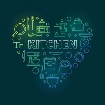 Kitchen Interior vector heart shaped colorful line illustration Stock Illustration
