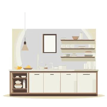 Kitchen interior vector illustration in flat style. Furniture in modern style Stock Illustration