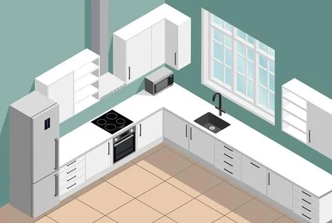 Kitchen interior vector isometric illustration Stock Illustration
