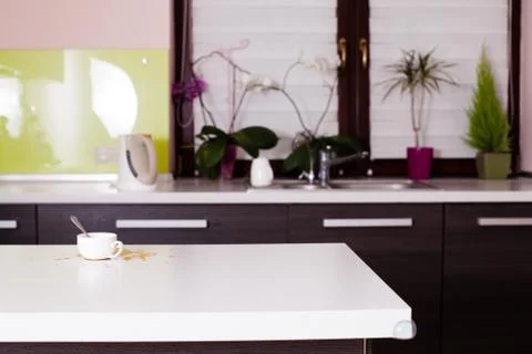 Kitchen interior with white tabletop Stock Photos