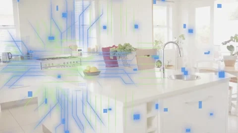 Kitchen island receiving circuit lines and blue squares after stove pulse, Stock Footage 332614493
