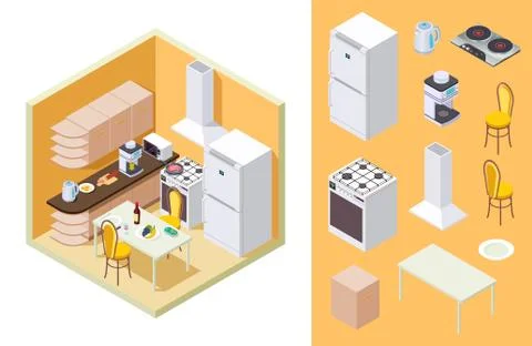 Kitchen isometric. Vector dinner room interior. Isometric fridge, table, tea pot イラスト素材