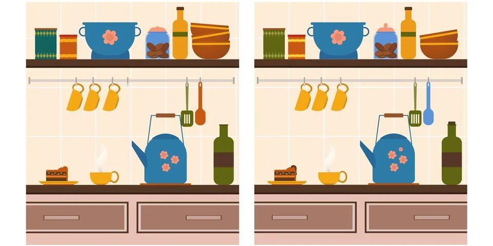Kitchen items find 10 differences in the illustration. A concept for the develop Stock Illustration