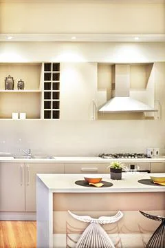 Kitchen items including a counter and silver chimney Foto stock
