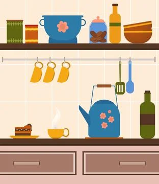 Kitchen items in the kitchen to one picture for interior and design Stock Illustration