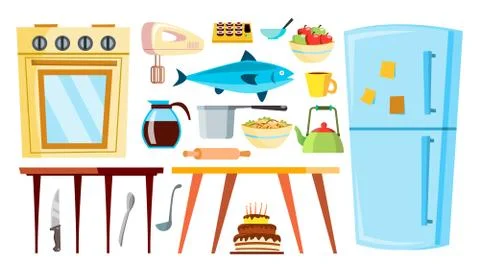 Kitchen Items Vector. Refrigerator, Table, Food, Tableware, Objects. Isolated Stock Illustration