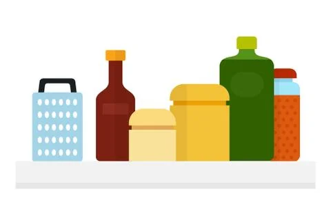 Kitchen jars, a bottle of oil, a grater, a bottle of soy sauce on a shelf flat Stock Illustration