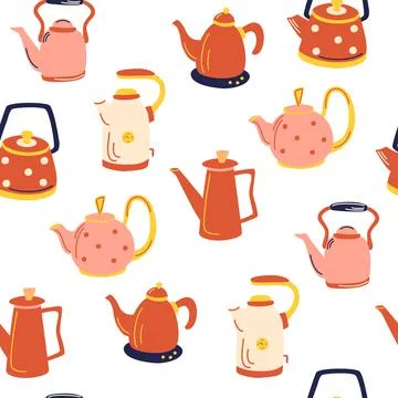 Kitchen Kettles seamless Pattern. Glass, electric and ceramic teapots. Utensi Stock Illustration