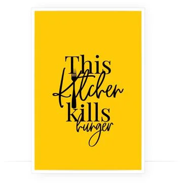 This kitchen kills hunger, vector. Minimalist poster design on yellow background Stock Illustration