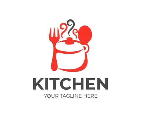 Kitchen, kitchenware, saucepan, fork and spoon logo design Stock Illustration