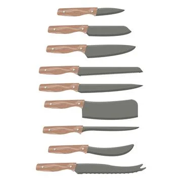 Kitchen knifes cartoon. Vector stainless steel knife set. Cutting tools. Vect Stock Illustration